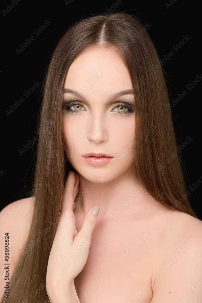 girl with long hair posing black background girl with long hair posing black background