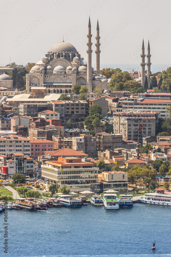Naklejka premium Istanbul New Mosque and Ships, Turkey