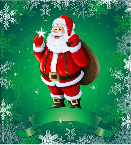 Green Christmas greeting card with santa claus