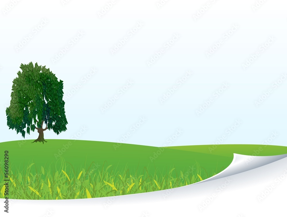 Obraz premium Fresh green meadow with grass and tree. Vector background.