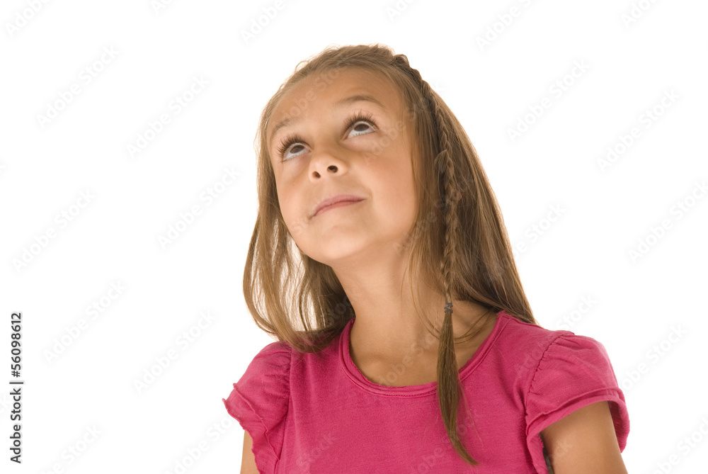 Cute young brunette girl in dark pink shirt looking up Cute young brunette girl in dark pink shirt looking up