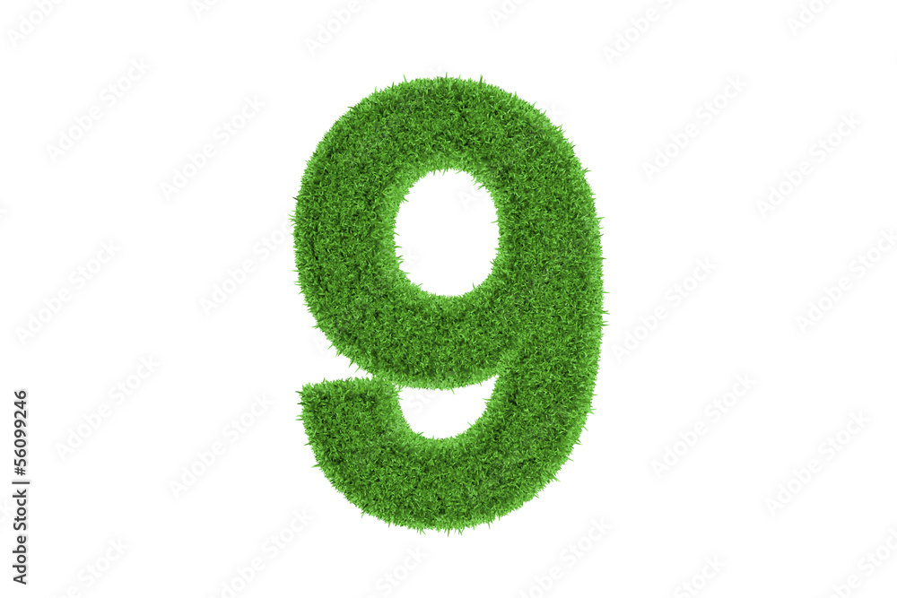 Number nine with green grass pattern. on white Number nine with green grass pattern. on white