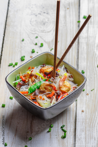 Chinese mix vegetables with prawns and noodles