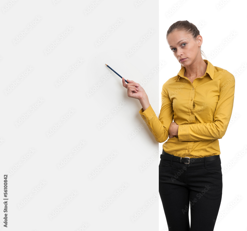 young business woman showing blank signboard young business woman showing blank signboard