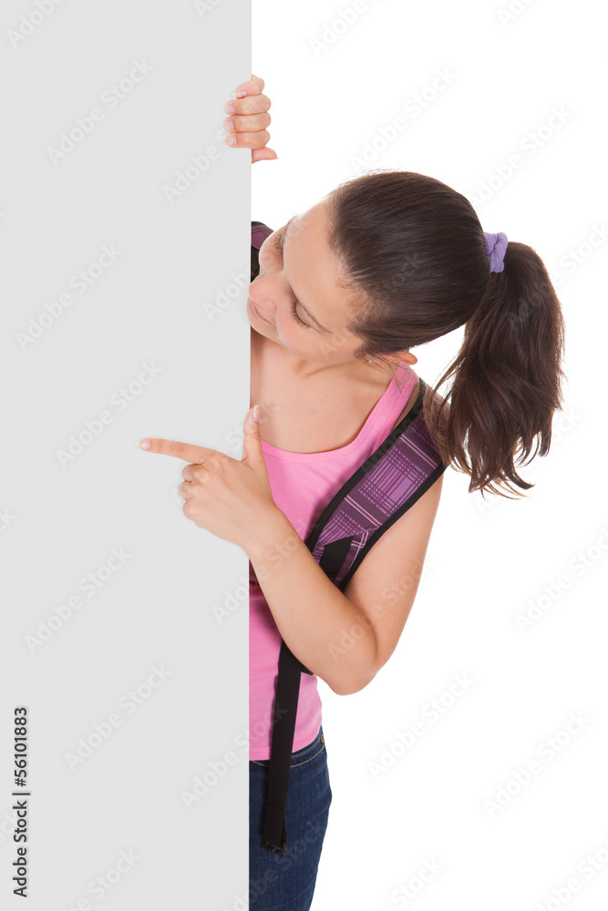 Female student pointing on placard Female student pointing on placard