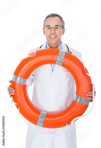 Happy Male Doctor Holding Rescue Ring