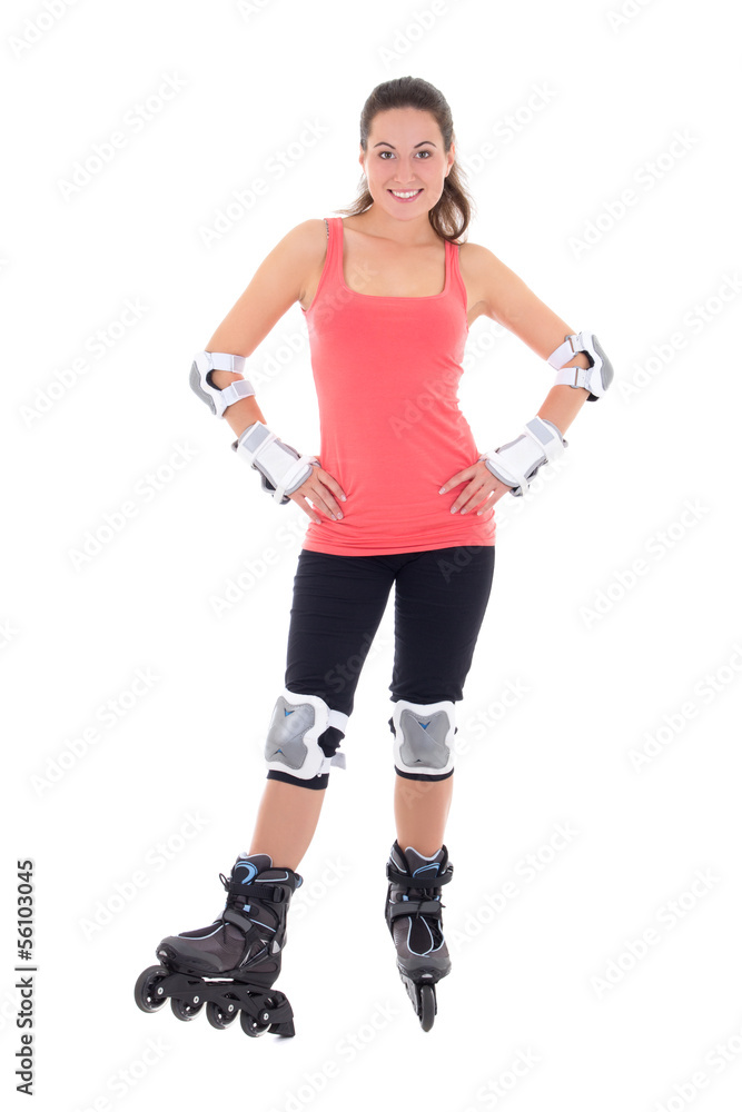 attractive woman in roller skates posing on white background attractive woman in roller skates posing on white background