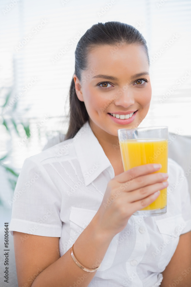 Cheerful pretty woman holding orange juice sitting on cosy couch Cheerful pretty woman holding orange juice sitting on cosy couch