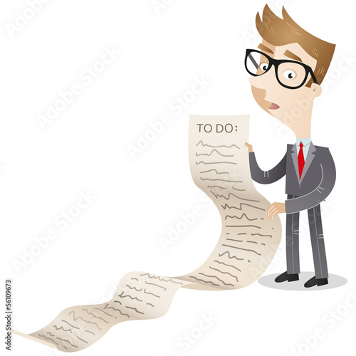 Businessman, long to-do list, paper, delay, procrastinate