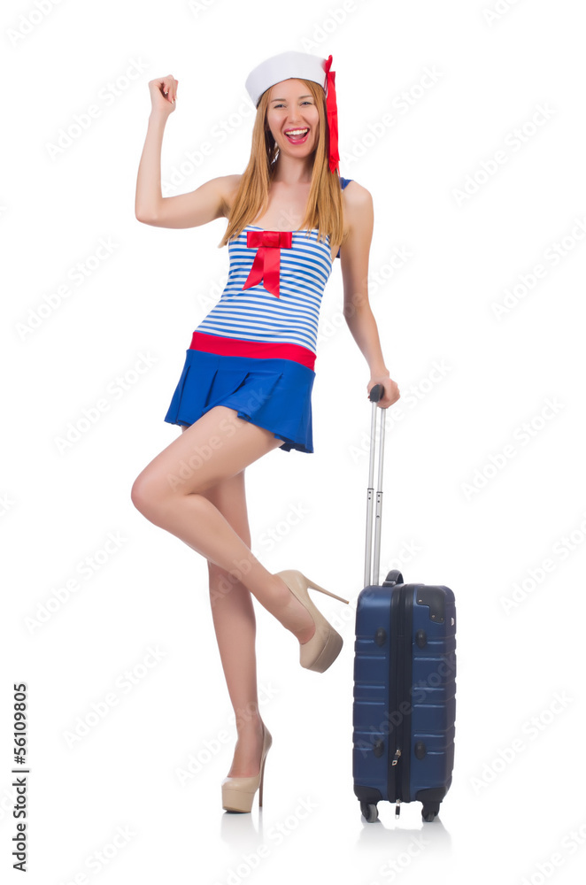 Woman travel attendant with suitcase on white Woman travel attendant with suitcase on white