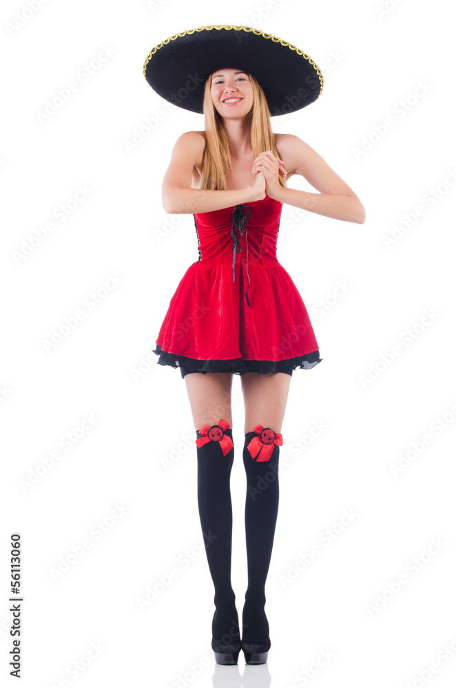 Model in red dress wearing sombrero Model in red dress wearing sombrero
