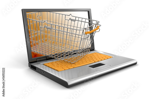 Laptop and Shopping Basket (clipping path included)