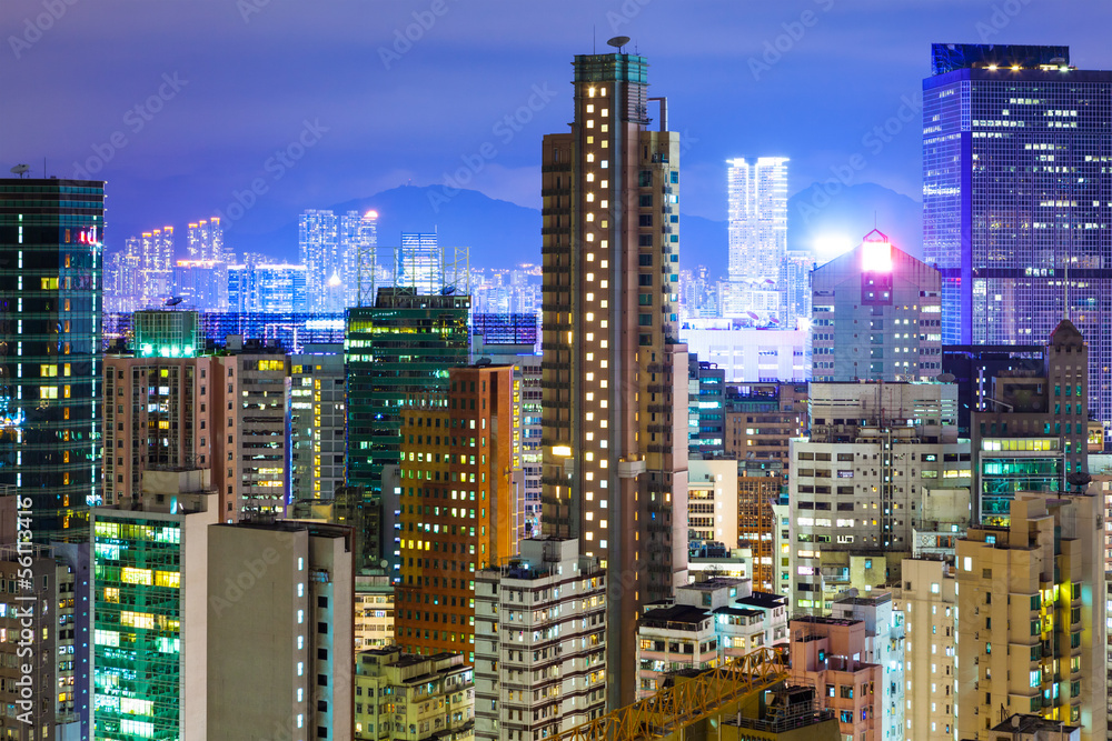 Hong Kong with crowded buildings at night