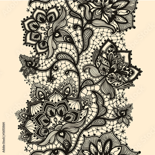 Abstract lace ribbon seamless pattern with elements flowers.