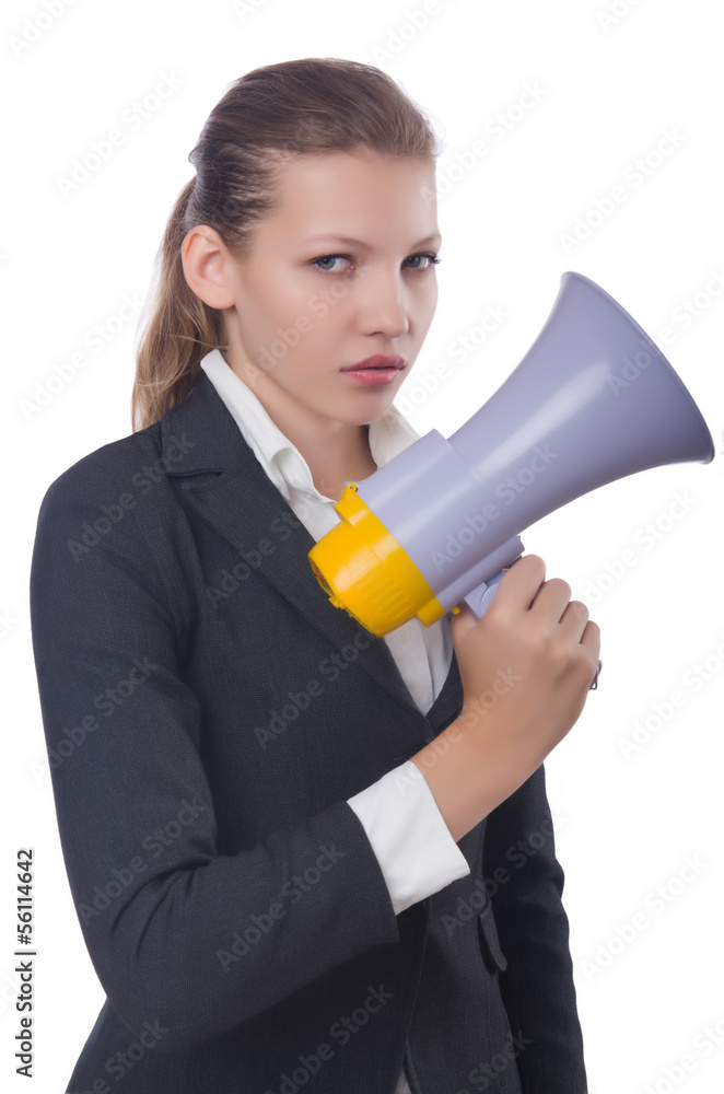 Woman with loudspeaker on white Woman with loudspeaker on white