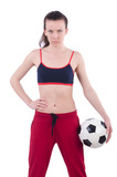 Young woman with football on white