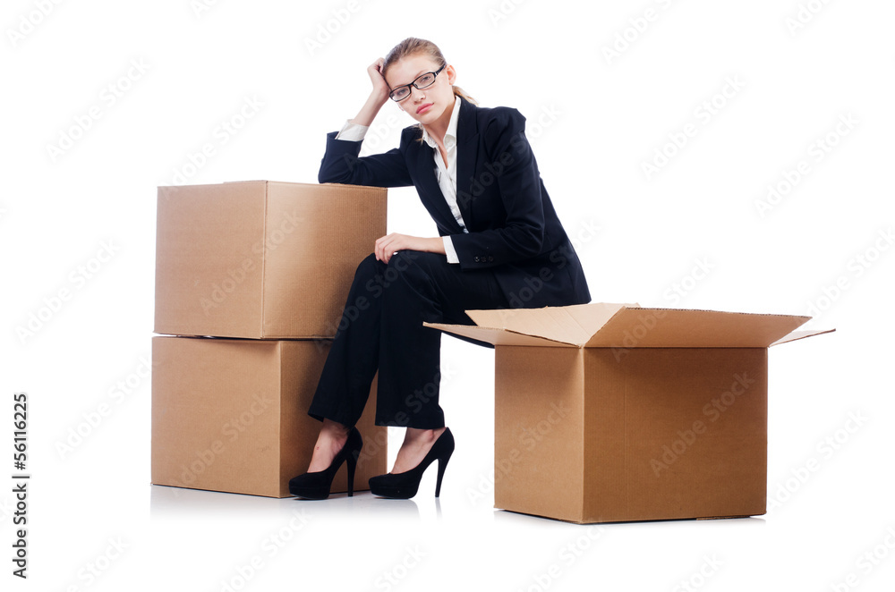 Businesswoman with boxes isolated on white Businesswoman with boxes isolated on white