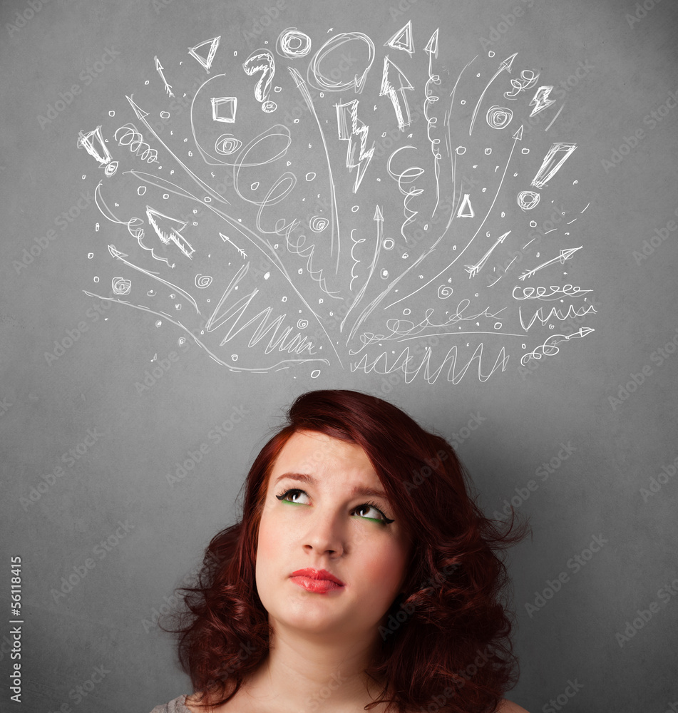 Young woman thinking with sketched arrows above her head Young woman thinking with sketched arrows above her head