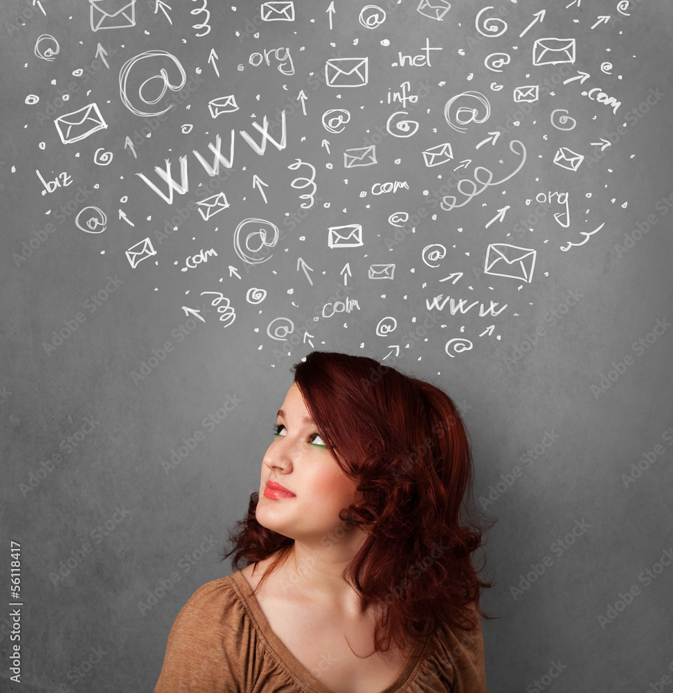 Young woman thinking with social network icons above her head