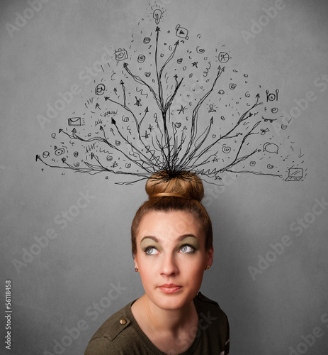 Young woman with tangled lines coming out of her head