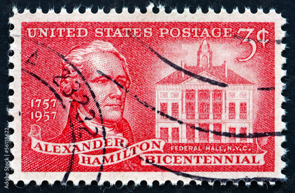 Postage stamp USA 1957 Alexander Hamilton and Federal Hall