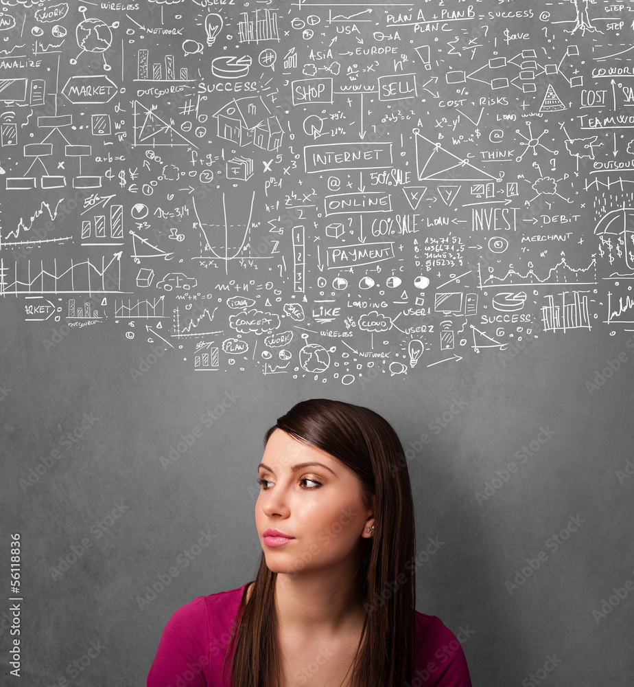 Young woman gesturing with sketched charts above her head Young woman gesturing with sketched charts above her head