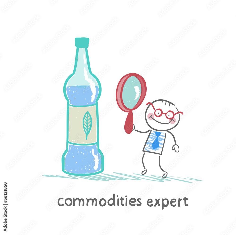 commodities expert with a magnifying glass looking at the bottle commodities expert with a magnifying glass looking at the bottle