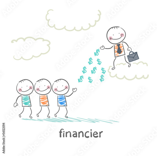 financier stands on a cloud and throws money to the people