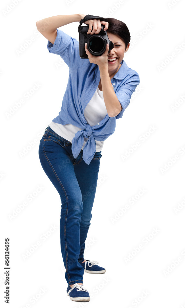 Woman-photographer takes photos, isolated on white Woman-photographer takes photos, isolated on white