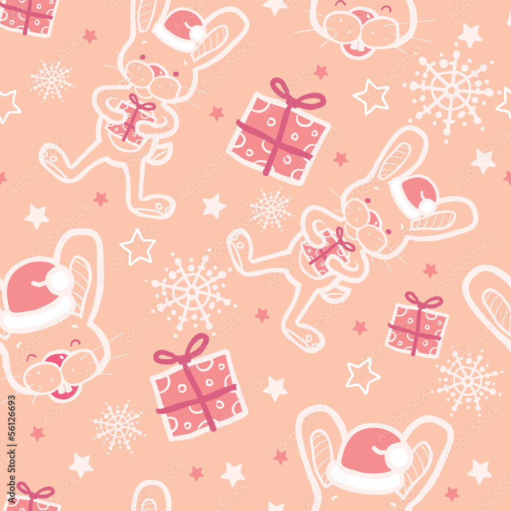 Vector Christmas bunny with gifts seamless pattern background