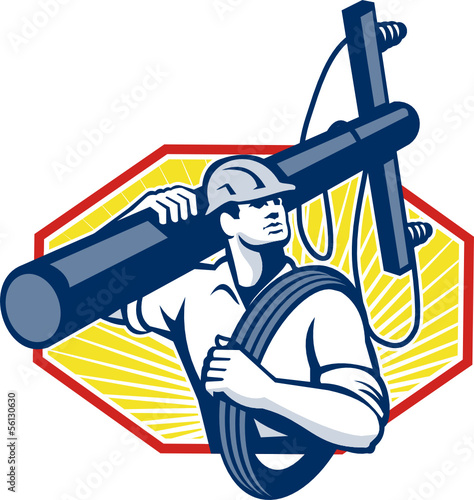 Power Lineman Repairman Carry Electric Pole
