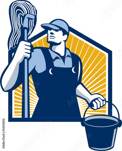 Janitor Cleaner Holding Mop Bucket Retro