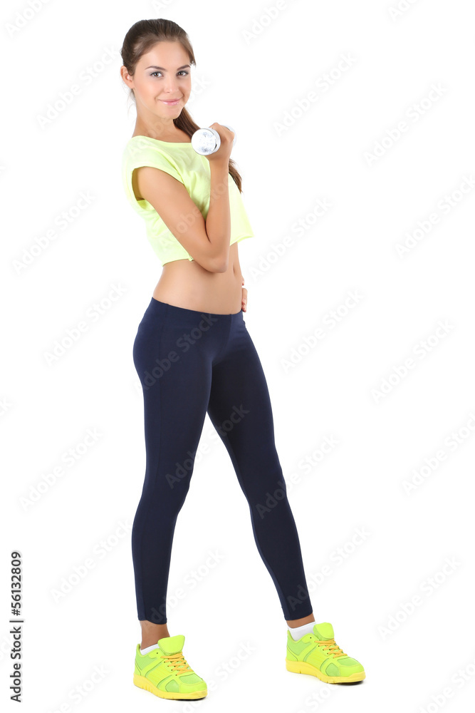 Beautiful young girl doing exercises isolated on white Beautiful young girl doing exercises isolated on white