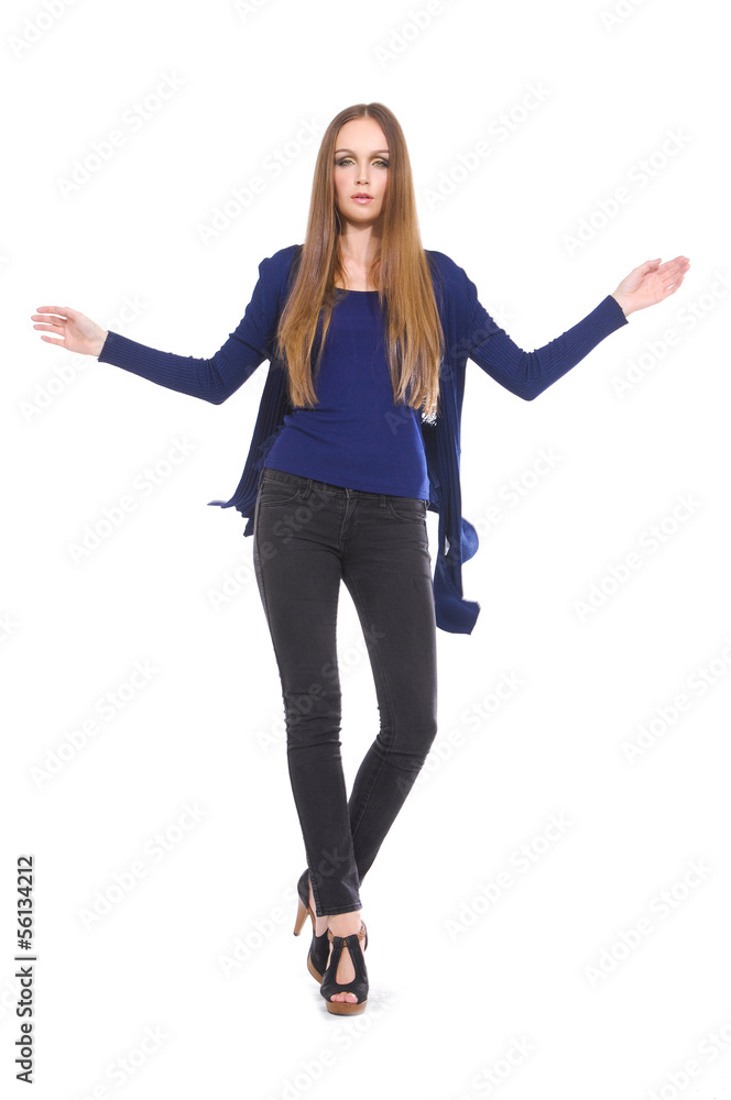 standing young Casual woman with brown, long hair walking standing young Casual woman with brown, long hair walking