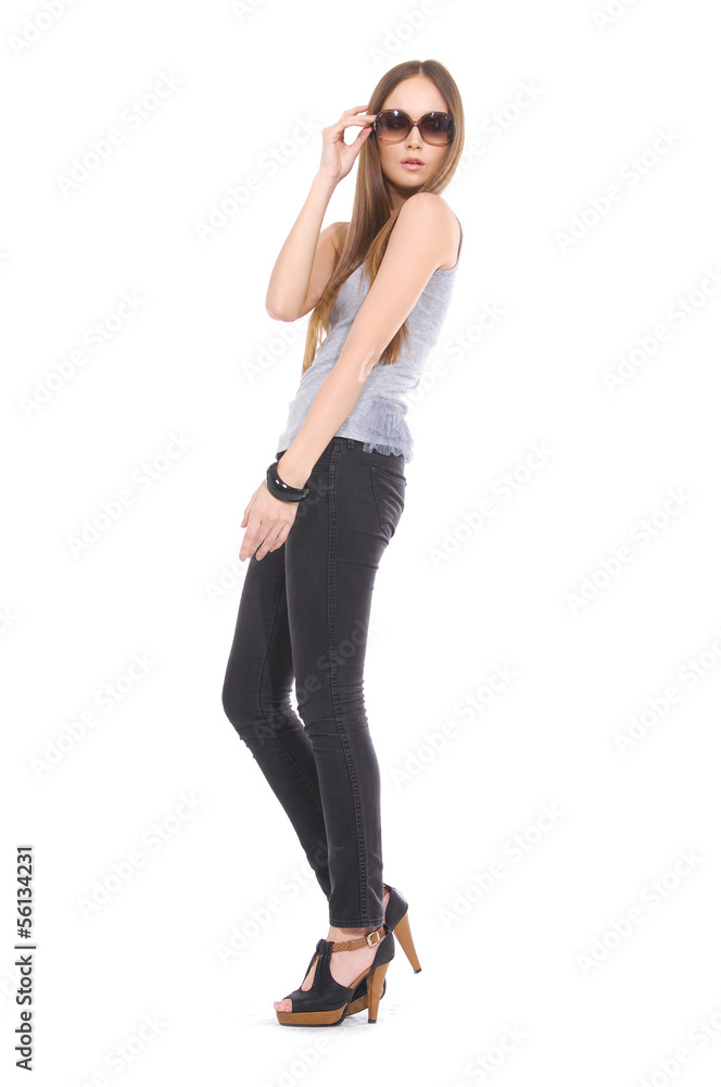 full length Slim pretty young girl with bag walking full length Slim pretty young girl with bag walking