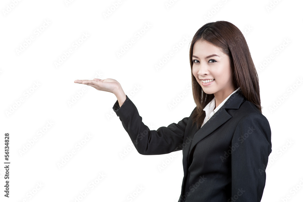 Attractive business woman present suit isolated Attractive business woman present suit isolated