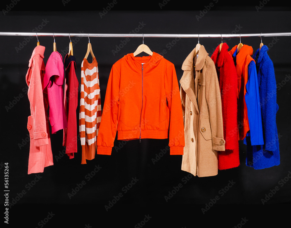 female colorful fashion clothing on hangers- black background Stock Photo |  Adobe Stock