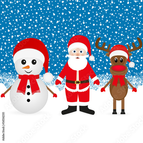 Christmas reindeer, snowman and Santa Claus in a winter forest