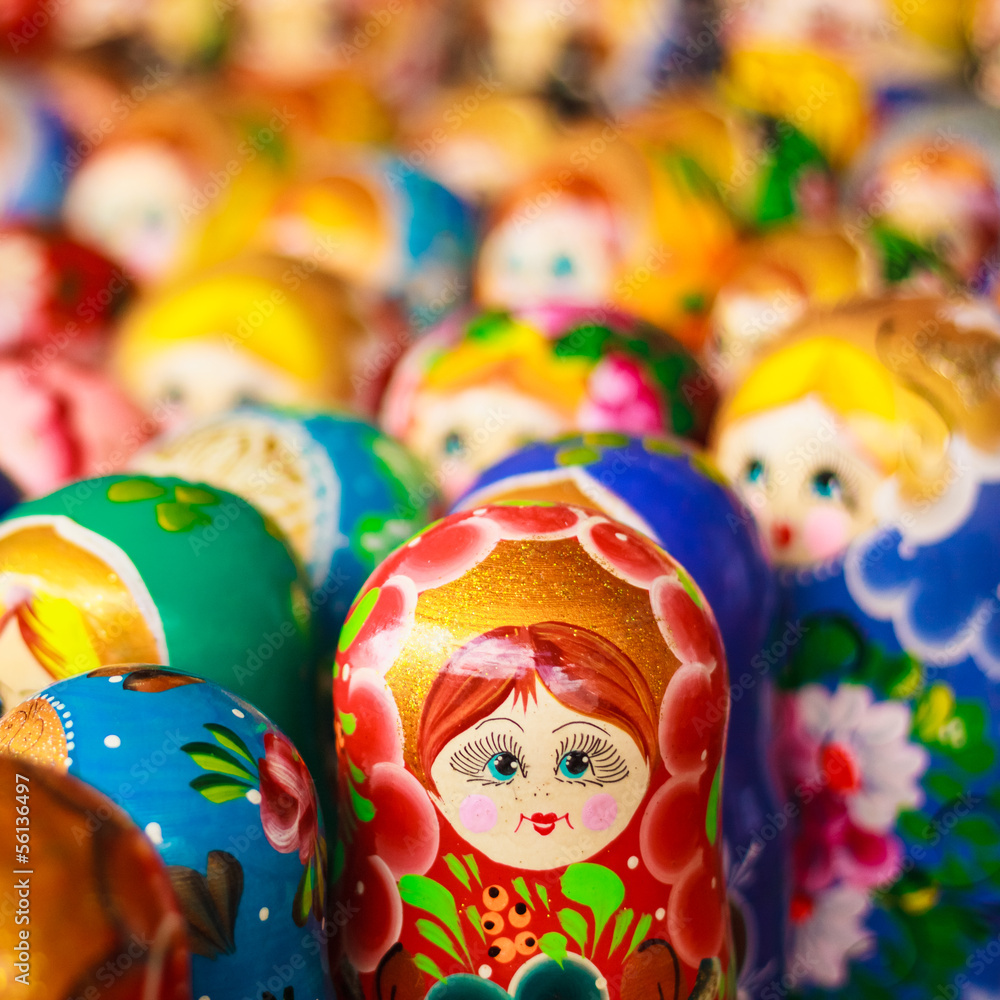 Fototapeta premium Colorful Russian nesting dolls at the market