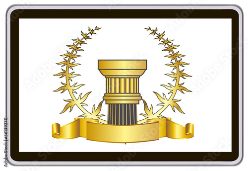 tablet pc computer. gold laurel wreath, ribbon, pillar