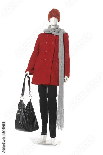 Full-length female in red coat with scarf, bag on mannequin