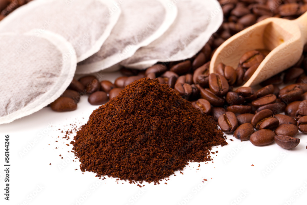 Fresh ground coffee with coffee Bean and coffee bags Fresh ground coffee with coffee Bean and coffee bags