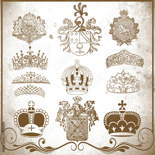 Set of retro heraldic elements for design, crowns,