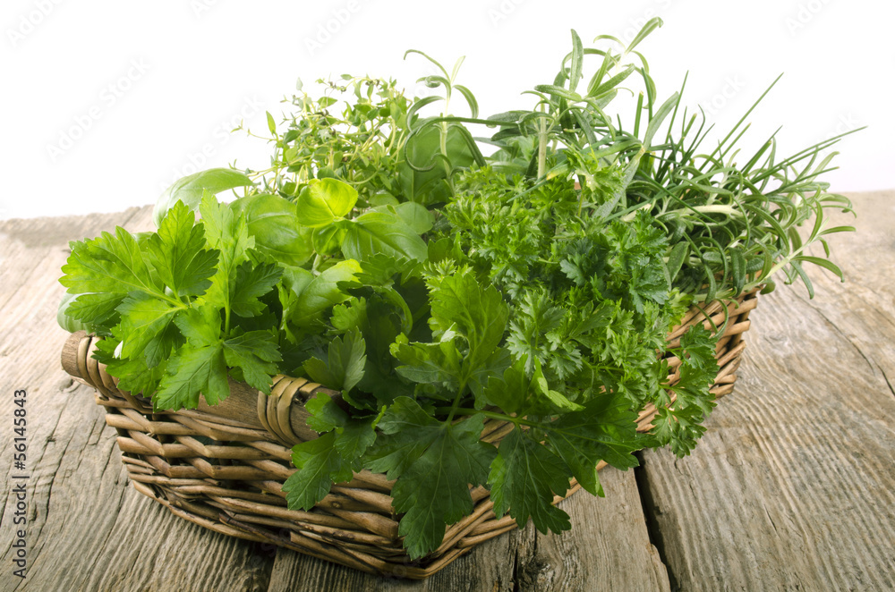 Fototapeta premium garden herbs in a wicker basket