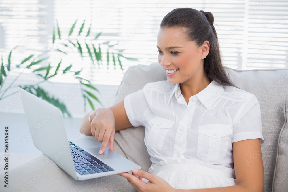 Cheerful pretty woman using laptop sitting on cosy sofa Cheerful pretty woman using laptop sitting on cosy sofa