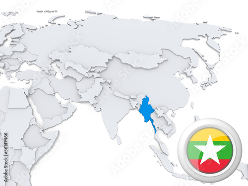 Burma on map of Asia