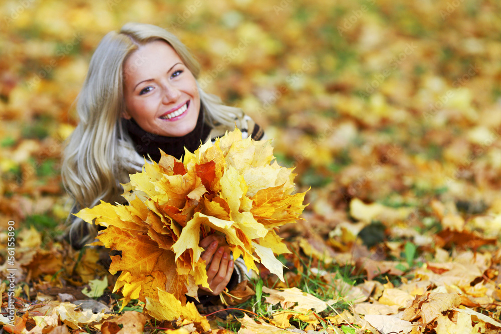 woman portret in autumn leaf woman portret in autumn leaf