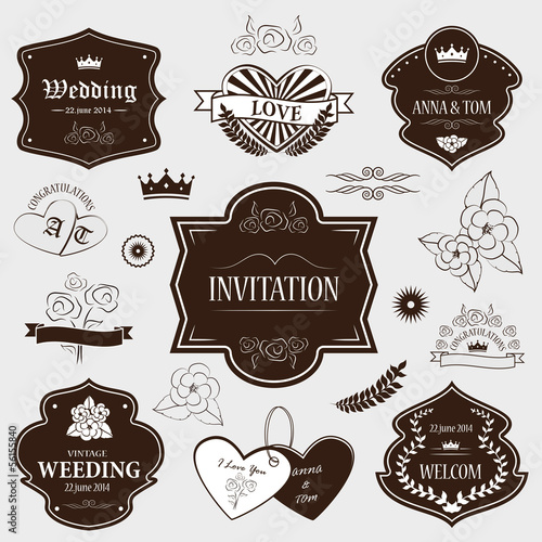 Wedding Invitations And Icons - Set - Isolated On Gray