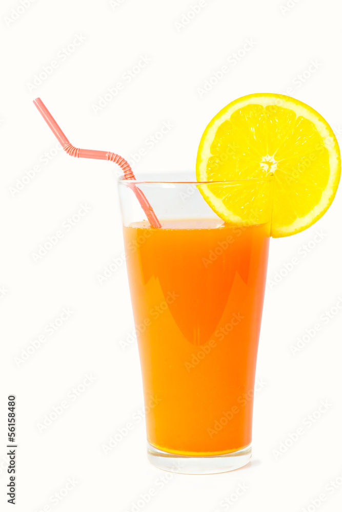 Orange juice and slices of orange on white Orange juice and slices of orange on white