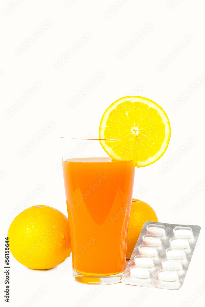 Orange juice and slices of orange on white Orange juice and slices of orange on white